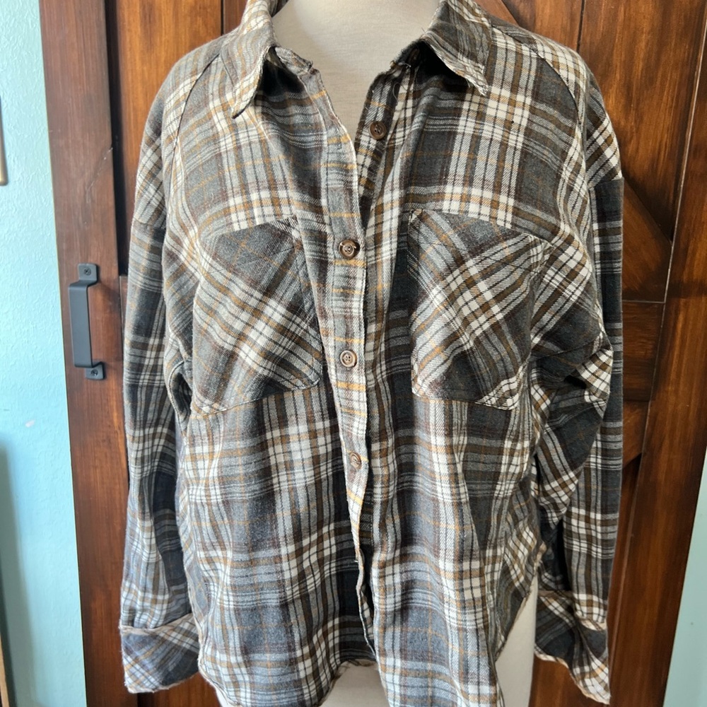 Altar'd State Brown Grey Short Plaid Button-Up Shirt 3/4 Sleeve Women's M